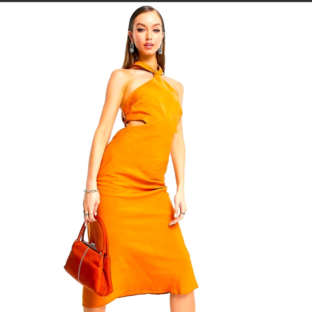 Textured Halter Midi Dress With Ruched Back Strap Detail in Rust